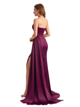 Sexy Silky Satin Asymmetric Mermaid Side Slit Ruched Long Bridesmaid Dresses Online