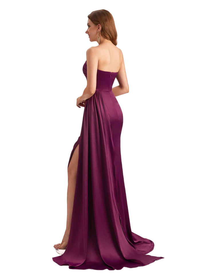 Sexy Silky Satin Asymmetric Mermaid Side Slit Ruched Long Bridesmaid Dresses Online