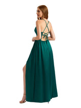 Modern Spaghetti Straps Silky Satin A-line Long Simple Bridesmaid Dresses Side Split