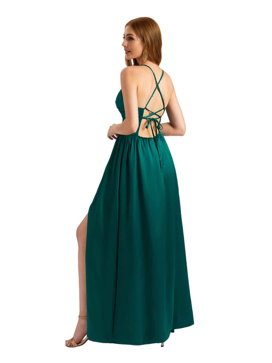 Modern Spaghetti Straps Silky Satin A-line Long Simple Bridesmaid Dresses Side Split