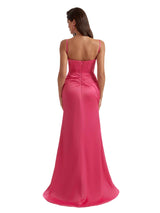 Sexy Spaghetti Straps Boning Mermaid Ruched Satin Long Bridesmaid Dresses Side Split