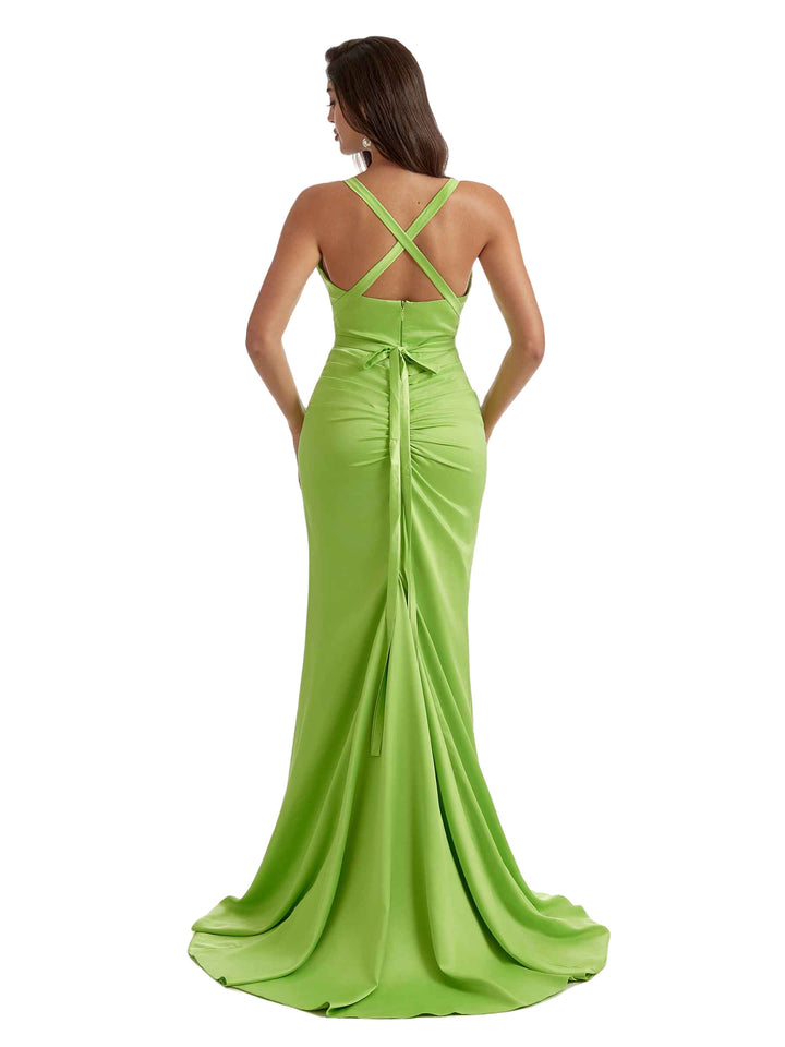 Sexy V-Neck Mermaid Satin Unique Long Bridesmaid Dresses Slit