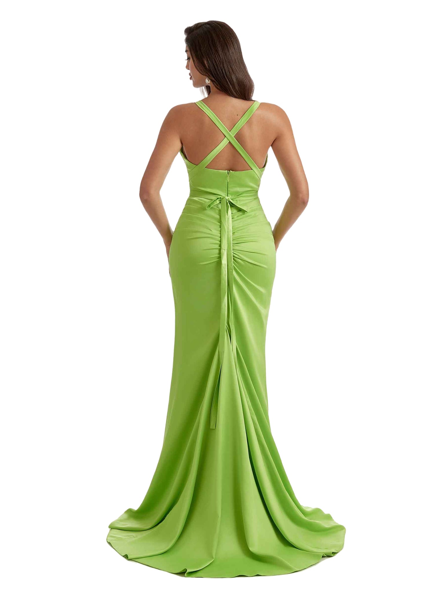 Sexy V-Neck Mermaid Satin Unique Long Bridesmaid Dresses Slit