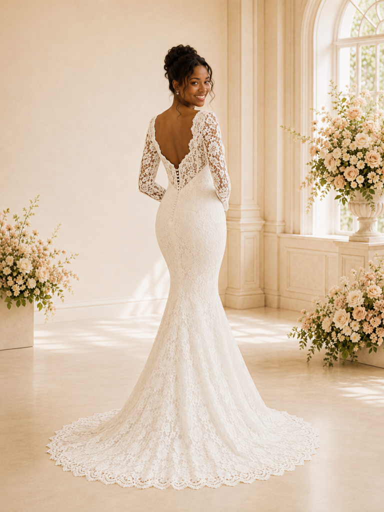 ChicSew Romantic Long Sleeves Mermaid Tulle Lace Appliques Maxi Wedding Dress