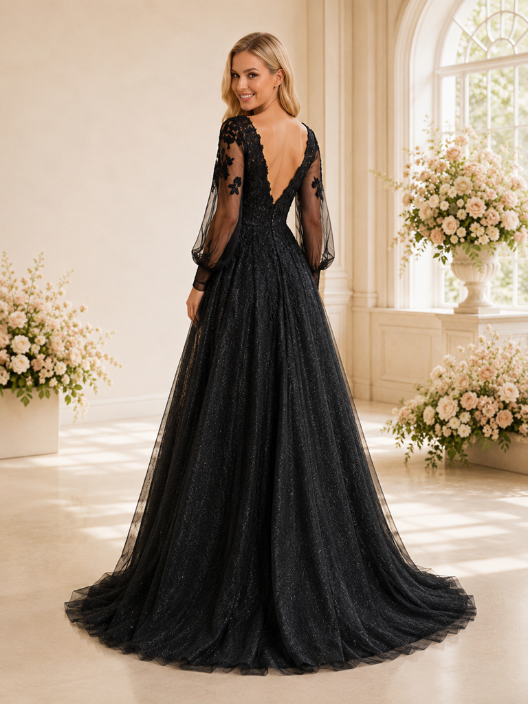 ChicSew Pretty Unique V-Neck Lace Tulle A-Line Long Sleeves Maxi Long Wedding Dresses With Applique