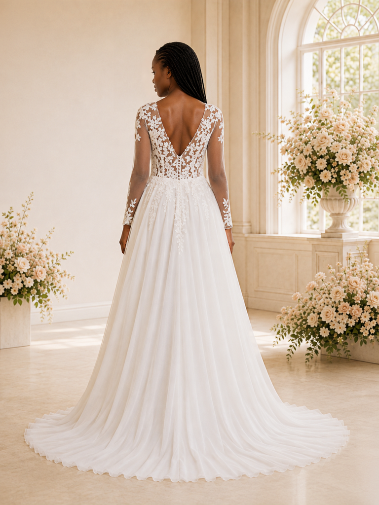 ChicSew Elegant V-Neck Chiffon A-Line Long Sleeves Lace Applique Maxi Wedding Dress