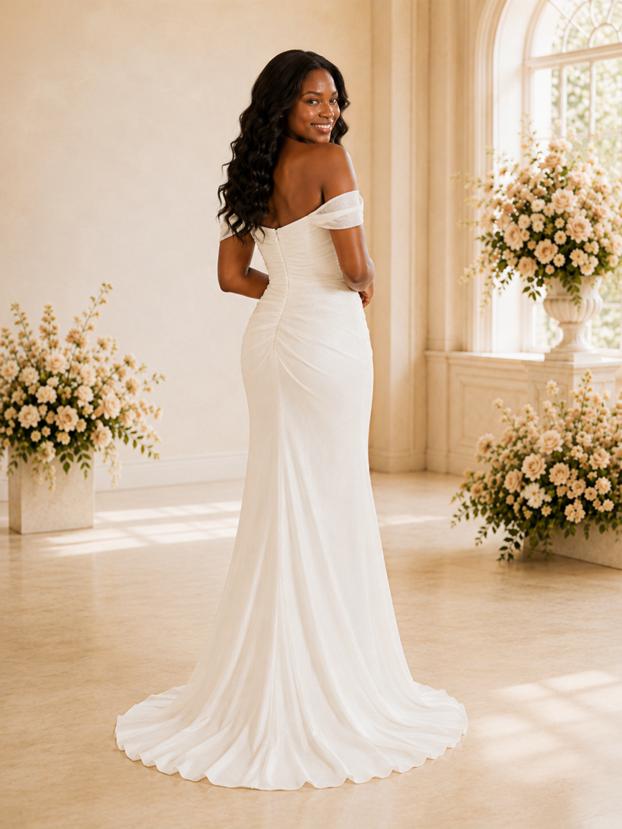 ChicSew Elegant Off The Shoulder Ruching Glitter Jersey Mermaid Long Wedding Dress
