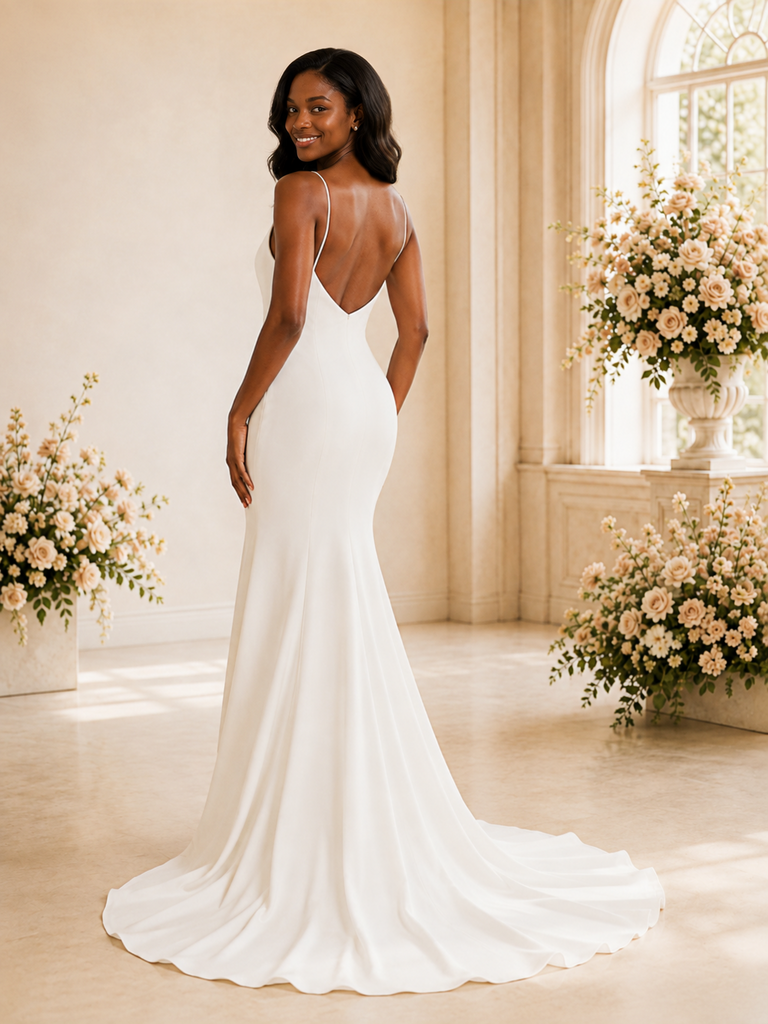 ChicSew Simple Spaghetti Straps V-Neck Side Slit Crepe Mermaid Long Wedding Dress