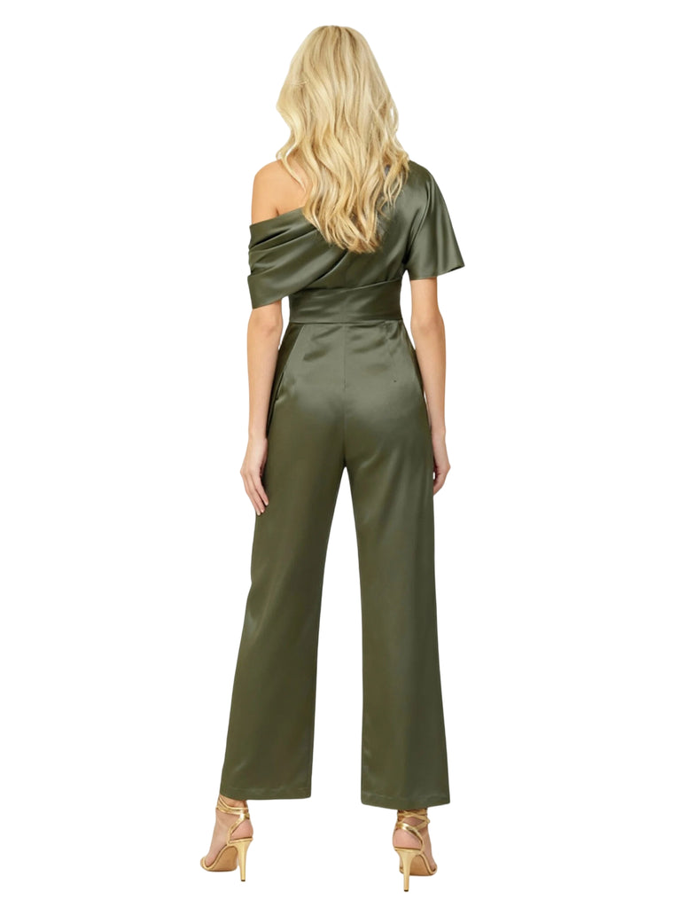 Elegant Asymmetric Straps Satin Jumpsuit For Mother Of The Bride With Train