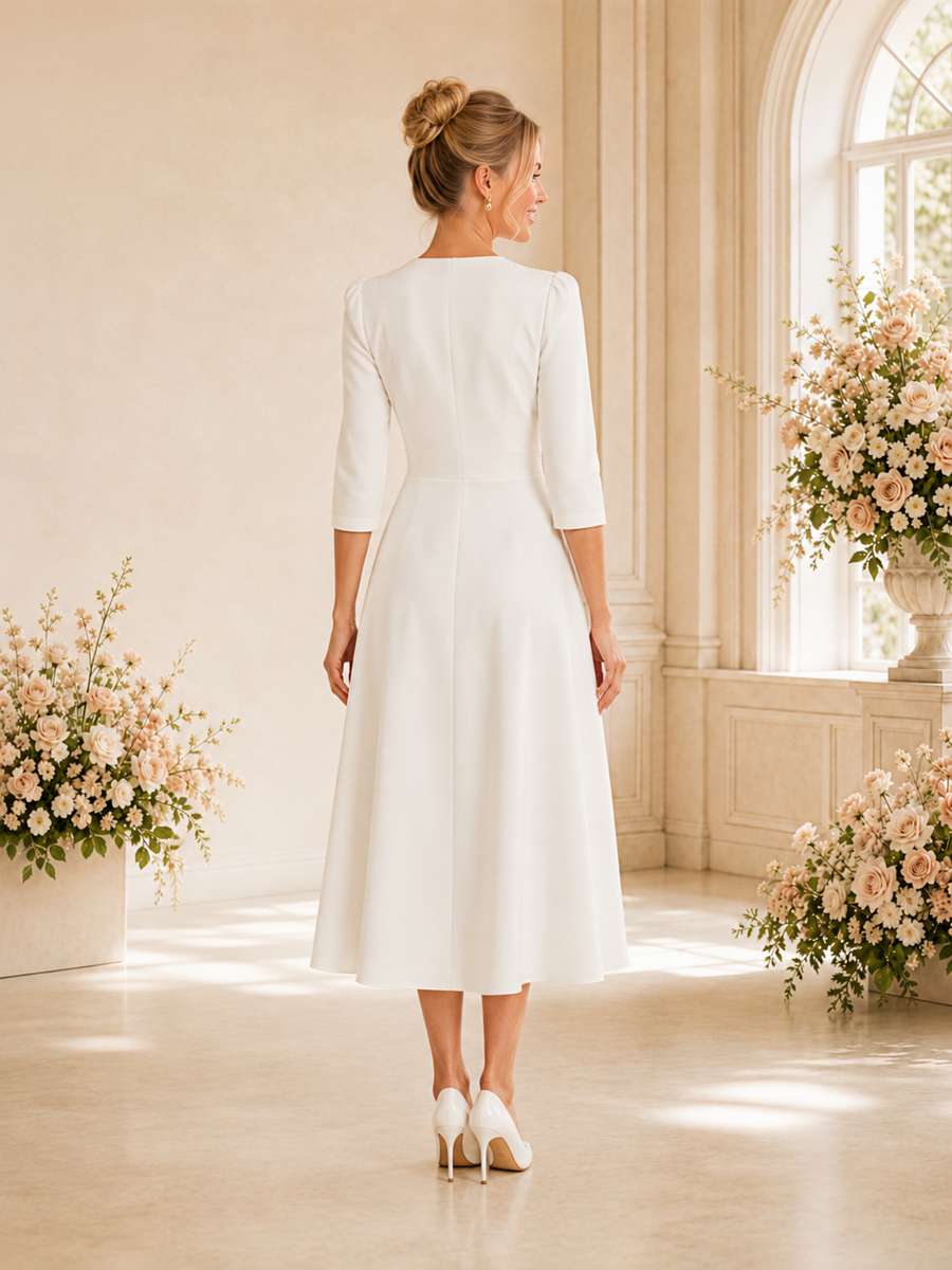 ChicSew Elegant V-Neck 3/4 Sleeves Side Slit A-Line Crepe Tea-Length Wedding Dress
