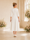 ChicSew Elegant V-Neck 3/4 Sleeves Side Slit A-Line Crepe Tea-Length Wedding Dress