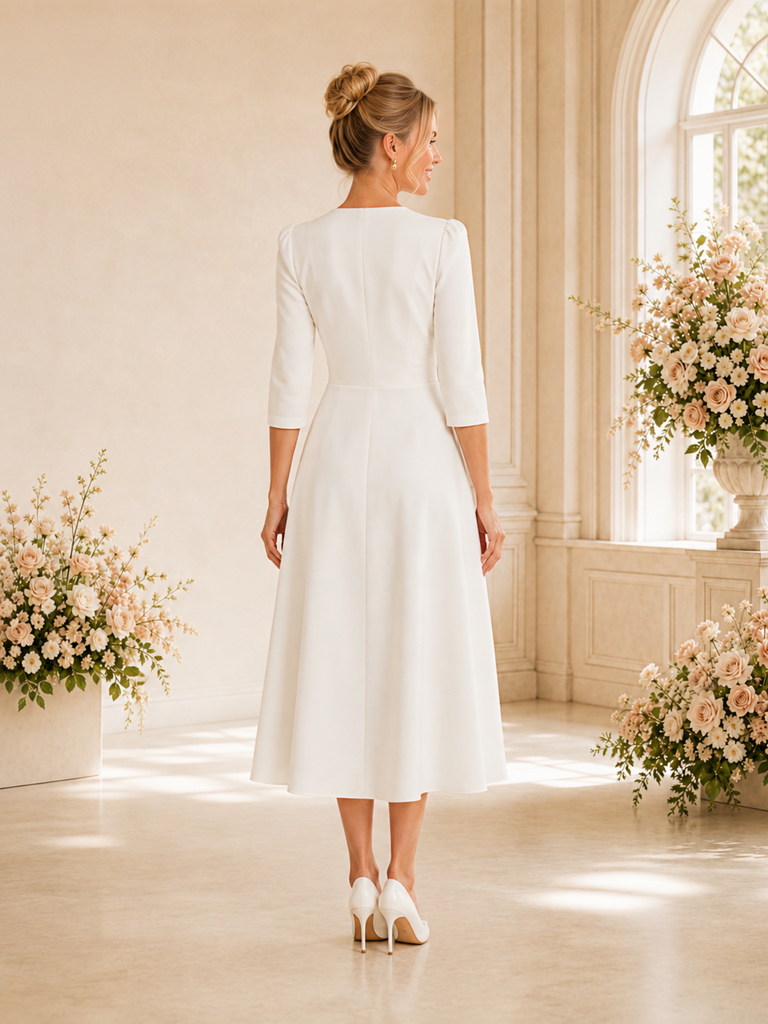 ChicSew Elegant V-Neck 3/4 Sleeves Side Slit A-Line Crepe Tea-Length Wedding Dress