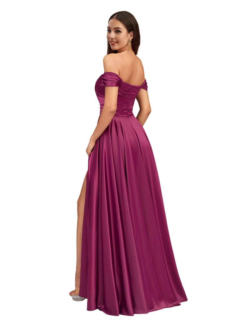 Elegant Off Shoulder A-Line Side Slit Soft Satin Long Bridesmaid Dresses