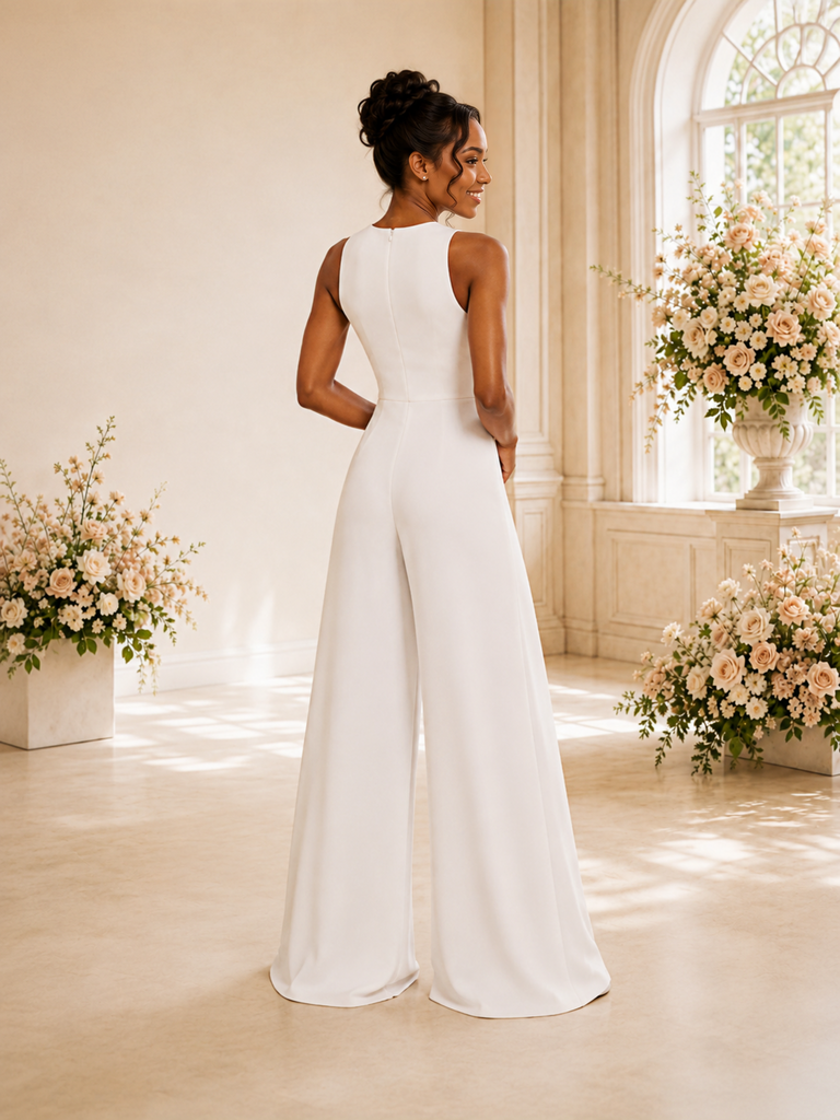 ChicSew Modern Jewel Sleeveless Crepe Floor-Length Wedding Jumpsuit