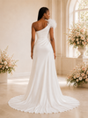 ChicSew Sexy One Shoulder Mermaid Satin Ruched Side Slit Floor-Length Wedding Dress With Floral Applique