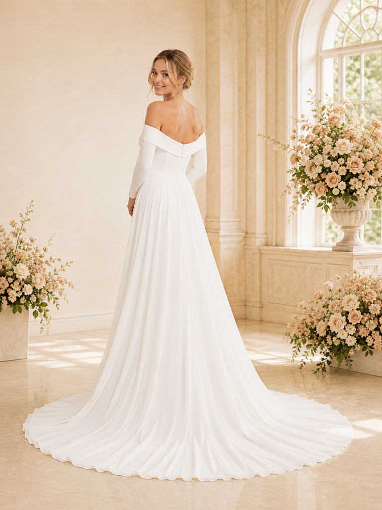 ChicSew Elegant Off The Shoulder Long Sleeves Crepe Chiffon A-Line Maxi Wedding Dress