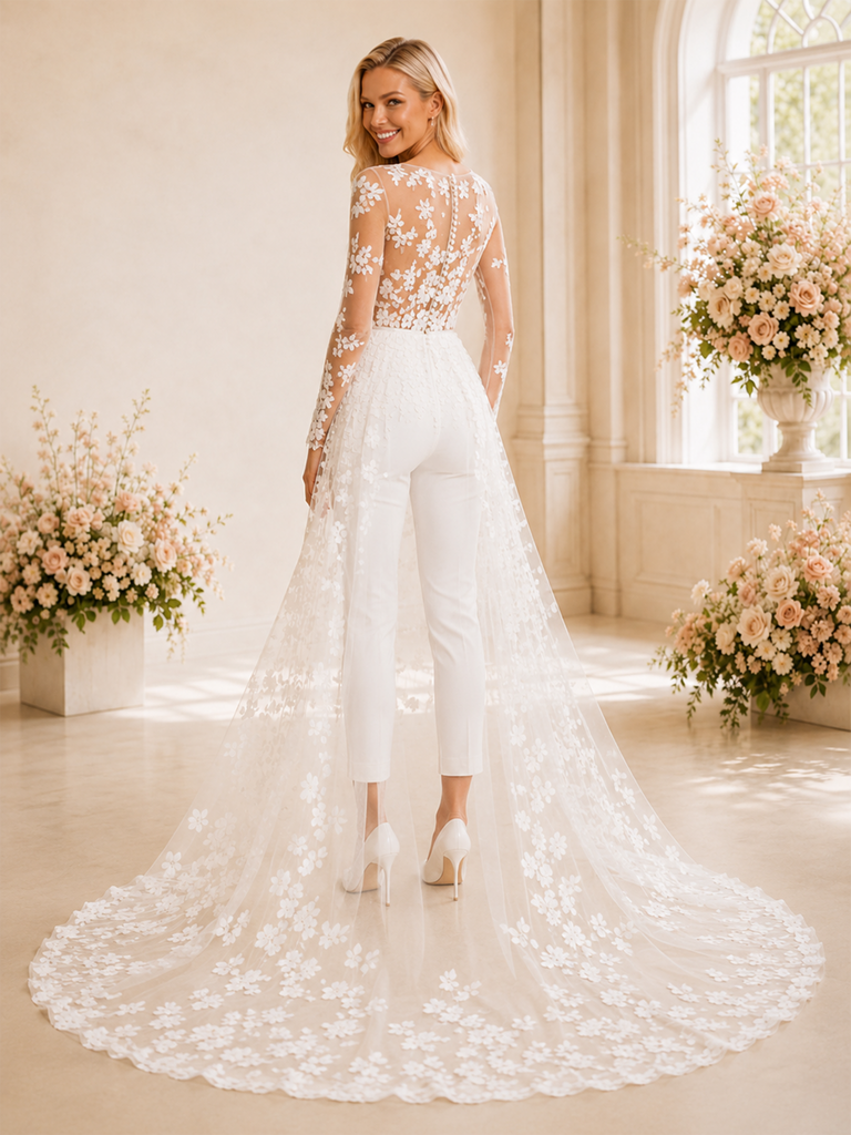 ChicSew Modern Illusion Long Sleeves Two Piece Lace Tulle Wedding Outfit With Overskirt