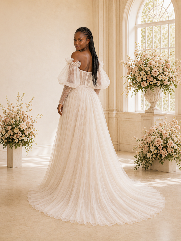 ChicSew Unique Strapless Long Sleeves A-Line Glitter Tulle Maxi Wedding Dress With Boning