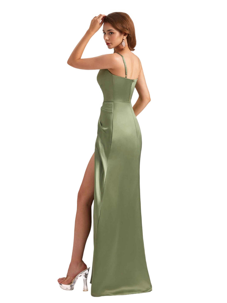 Sexy Silky Satin Spaghetti Straps V-Neck Mermaid Side Slit Unique Long Bridesmaid Dresses