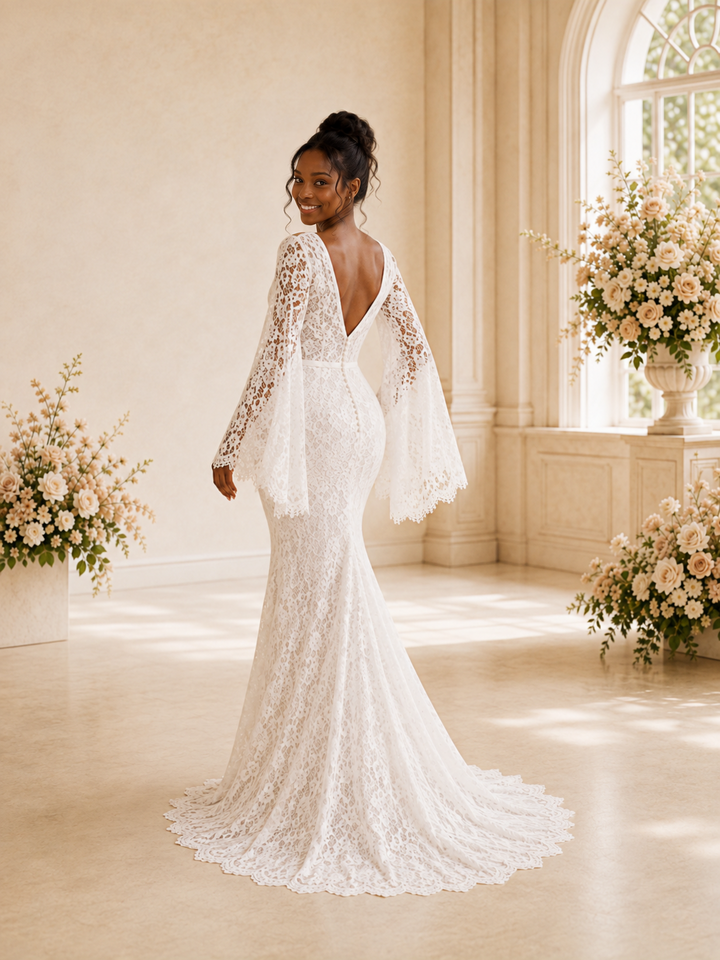 ChicSew Romantic V-Neck Long Flutter Sleeves Tulle Lace Appliques Maxi Wedding Dress