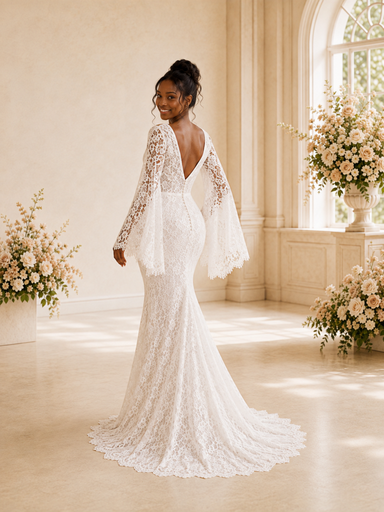 ChicSew Romantic V-Neck Long Flutter Sleeves Tulle Lace Appliques Maxi Wedding Dress
