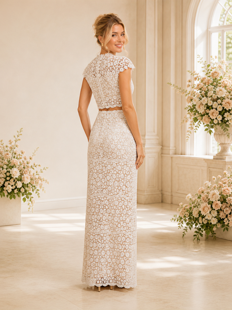 ChicSew Romantic Jewel Cap Sleeves Lace Sheath Two Piece Long Wedding Dresses