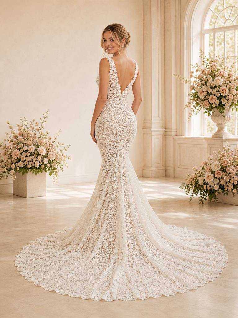 ChicSew Sexy Mermaid Lace Applique V-Neck Open Back Maxi Wedding Dress