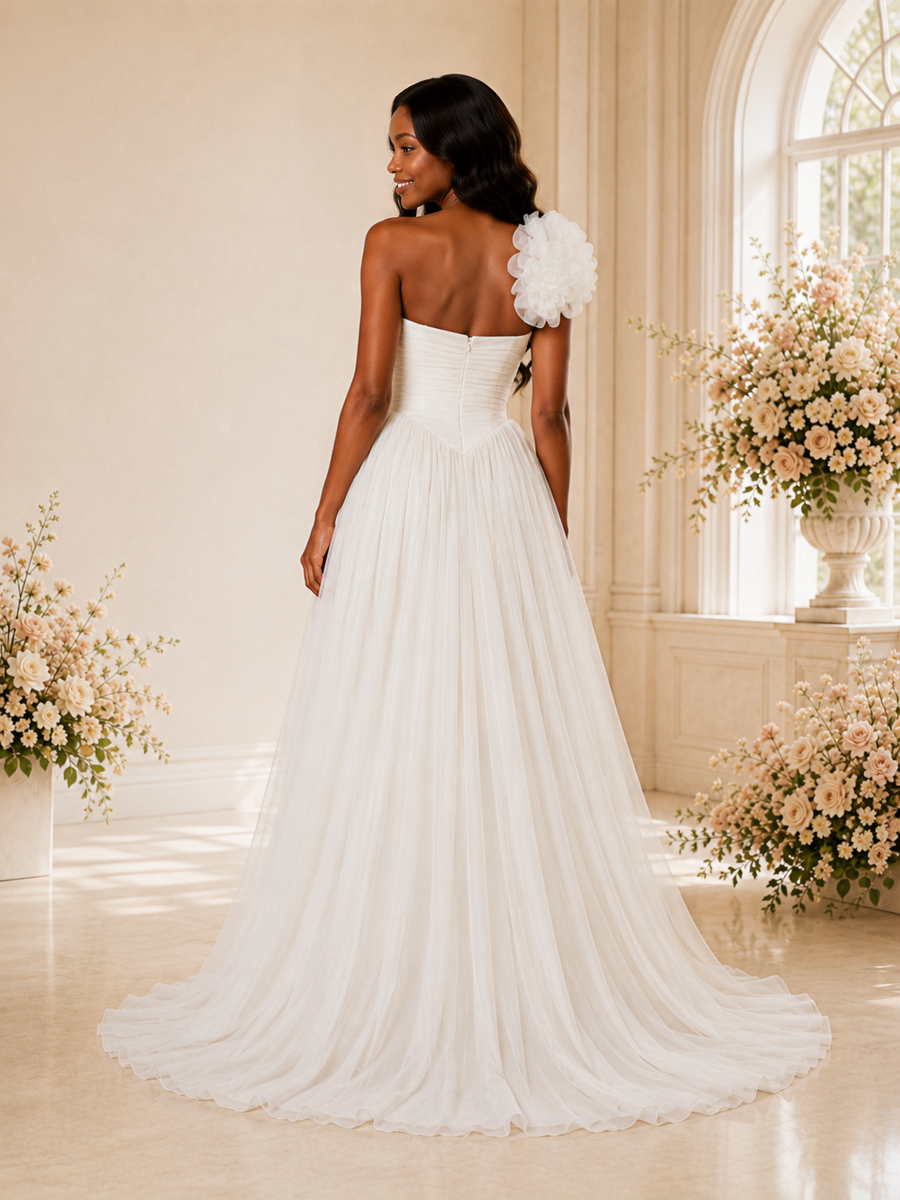 ChicSew Elegant One Shoulder Pleats Chiffon A-Line Maxi Wedding Dress