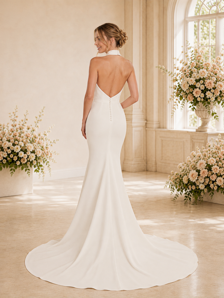 ChicSew Sexy Halter Crepe Mermaid Open Back Floor-Length Wedding Dress