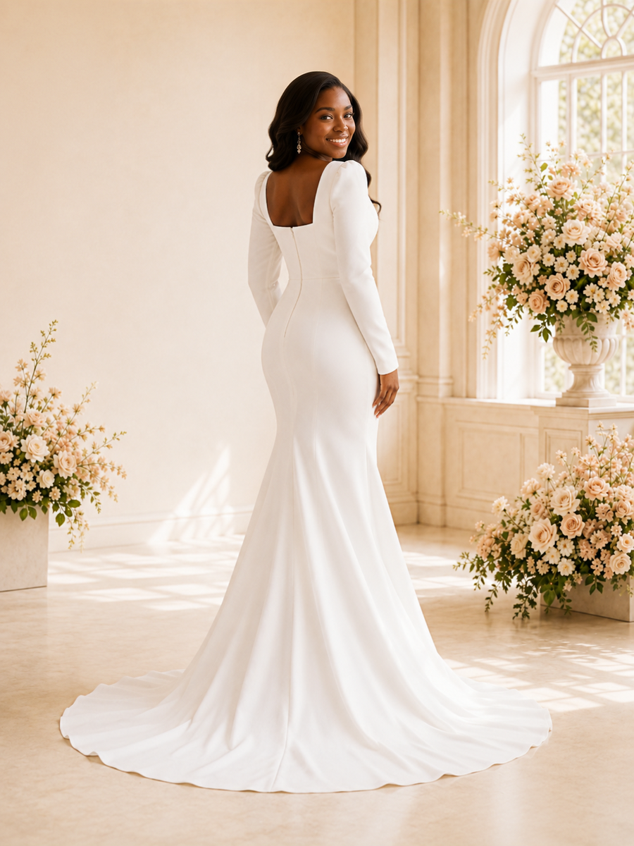 ChicSew Elegant Square Neck Long Sleeves Crepe Mermaid Maxi Wedding Dress