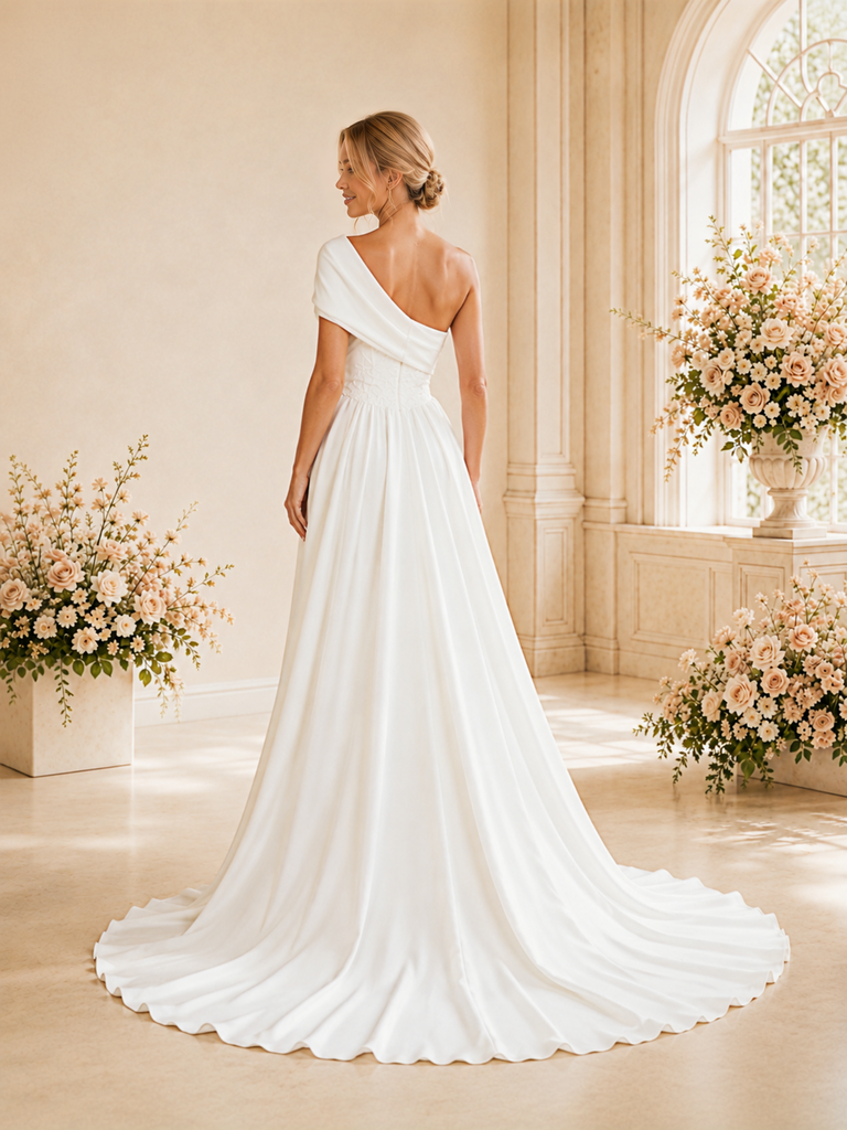 ChicSew Sexy Asymmetric Lace Appliques Side Slit Satin Floor-Length Wedding Dress