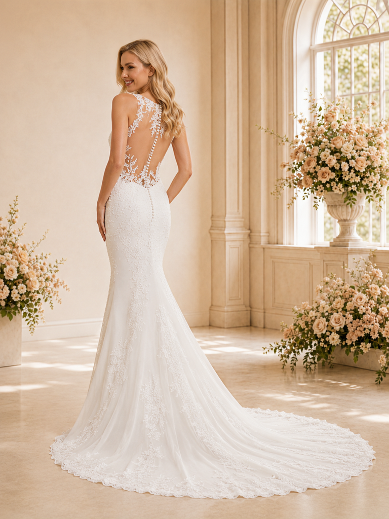 ChicSew Romantic Sexy Deep V-Neck Mermaid Lace Tulle Floor-Length Wedding Dress With Button