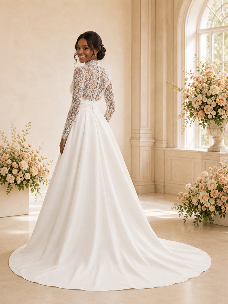 ChicSew Elegant High Neck Long Sleeves Lace Appliques Satin Maxi Wedding Dress