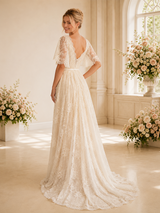 ChicSew Elegant V-Neck Half Sleeves Lace A-Line Floor-Length Wedding Dresses Online