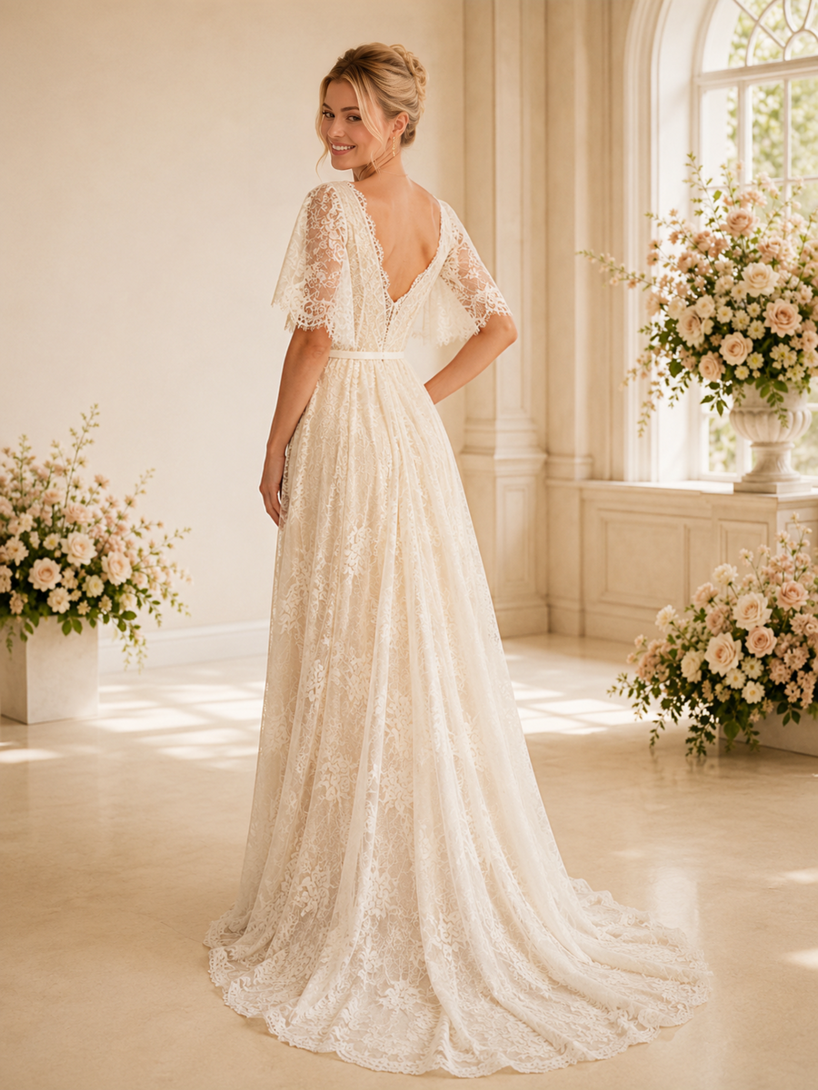 ChicSew Elegant V-Neck Half Sleeves Lace A-Line Floor-Length Wedding Dresses Online