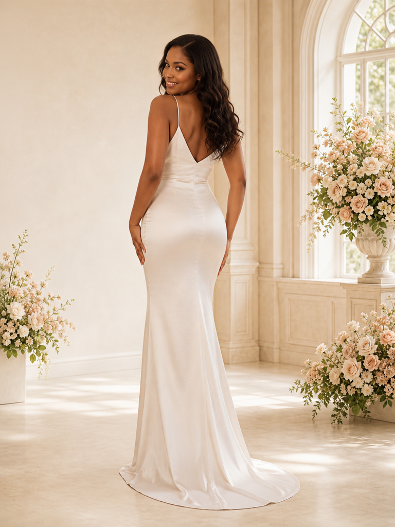 ChicSew Simple Spaghetti Straps Satin Mermaid Floor-Length Wedding Dress