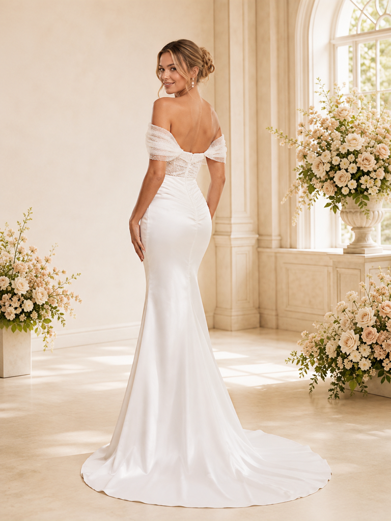 ChicSew Fancy Off The Shoulder Side Slit Ruching Mermaid Satin Floor-Length Wedding Dress