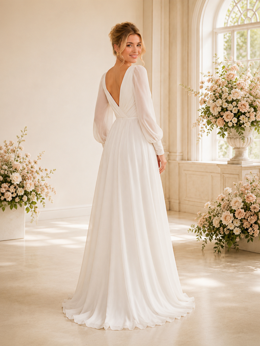 ChicSew Elegant V-Neck Long Sleeves Ruching A-Line Chiffon Floor-Length Wedding Dress