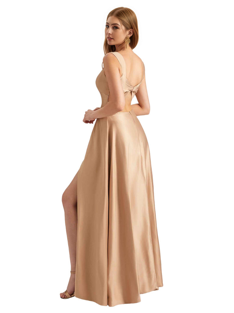 Elegant Silky Satin Spaghetti Straps A-Line Side Slit Floor Length Bridesmaid Dresses Online