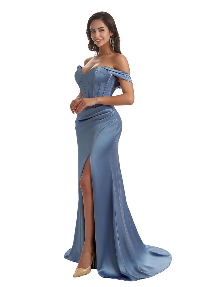 Elegant Off The Shoulder Side Split Mermaid Ruched Satin Long Bridesmaid Dresses Online
