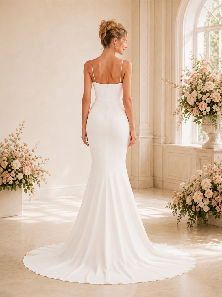 Chicsew Fancy Spaghetti Straps Sleeveless Mermaid Crepe Long Wedding Dress