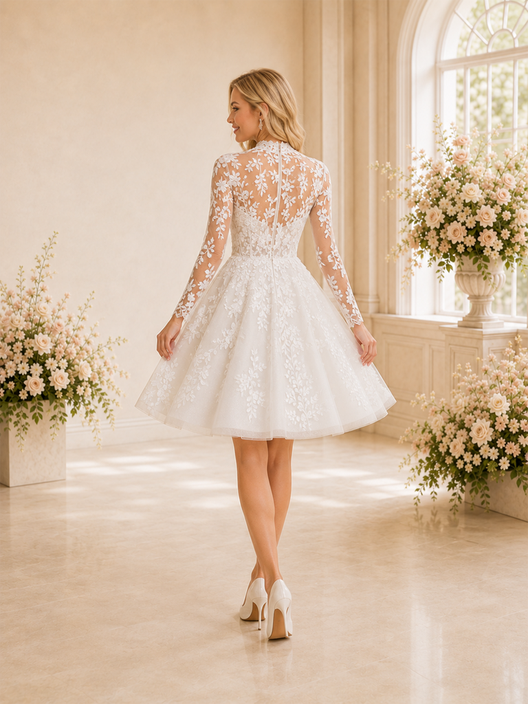 ChicSew Elegant High Neck Long Sleeves Mini A-Line Lace Tulle Short Wedding Dresses Online