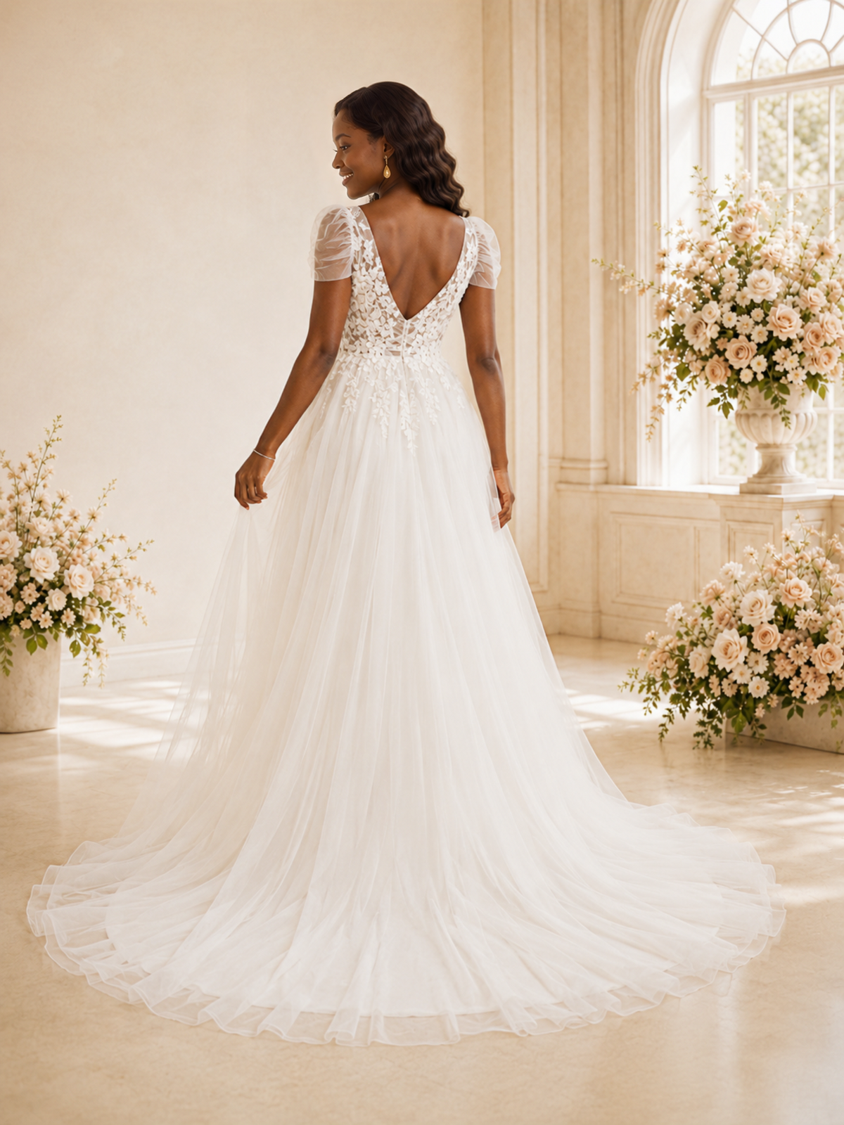 ChicSew Romantic V-Neck Short Sleeves Side Slit Tulle Maxi Wedding Dress With Lace Applique