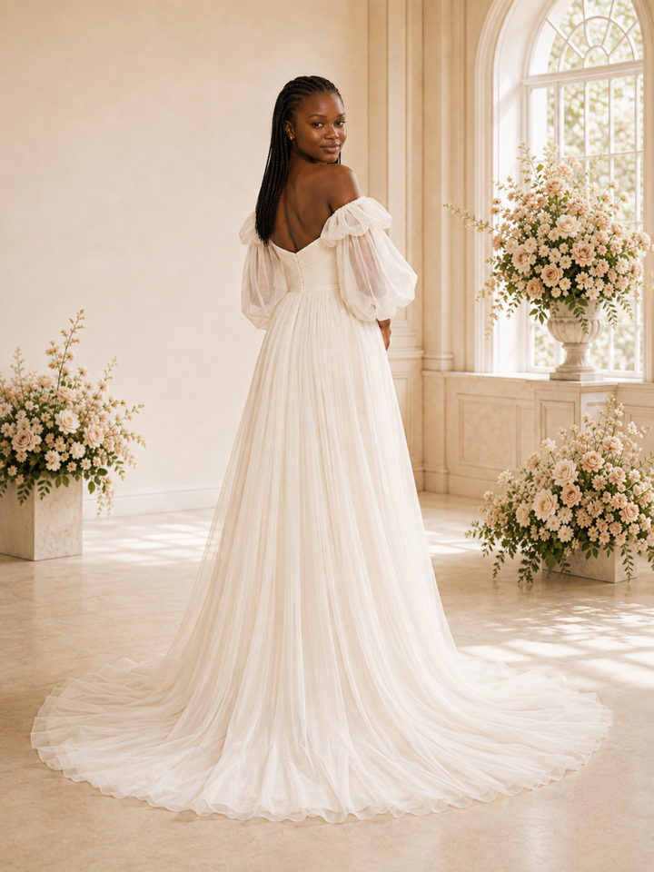 ChicSew Mondern Strapless Puff Sleeves A-Line Tulle Maxi Wedding Dress