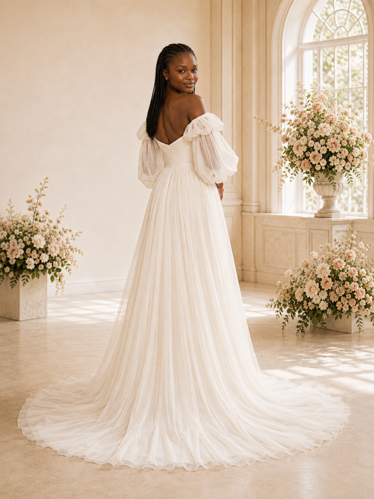 ChicSew Mondern Strapless Puff Sleeves A-Line Tulle Maxi Wedding Dress