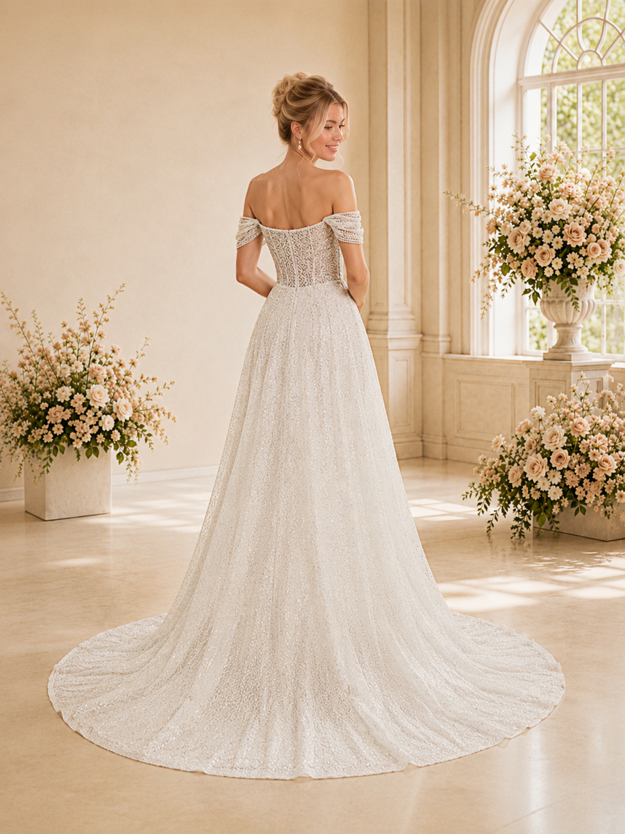 Chicsew Fancy Off The Shoulder Boning Mermaid Sleeveless Sequin Wedding Dress