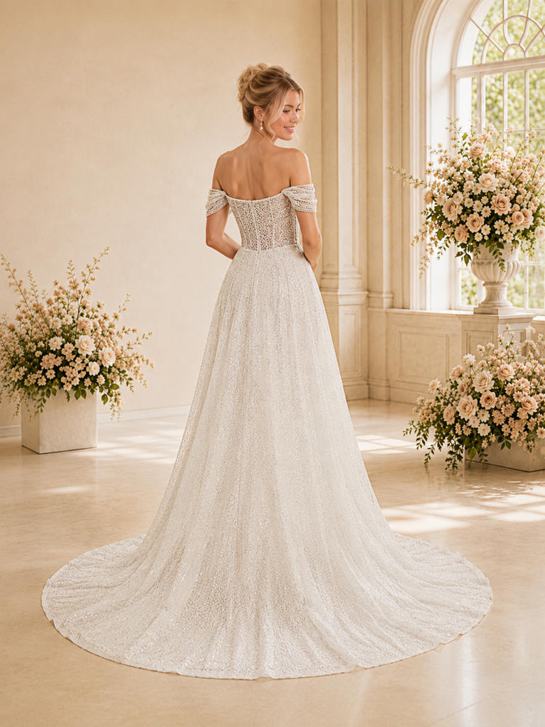 Chicsew Fancy Off The Shoulder Boning Mermaid Sleeveless Sequin Wedding Dress