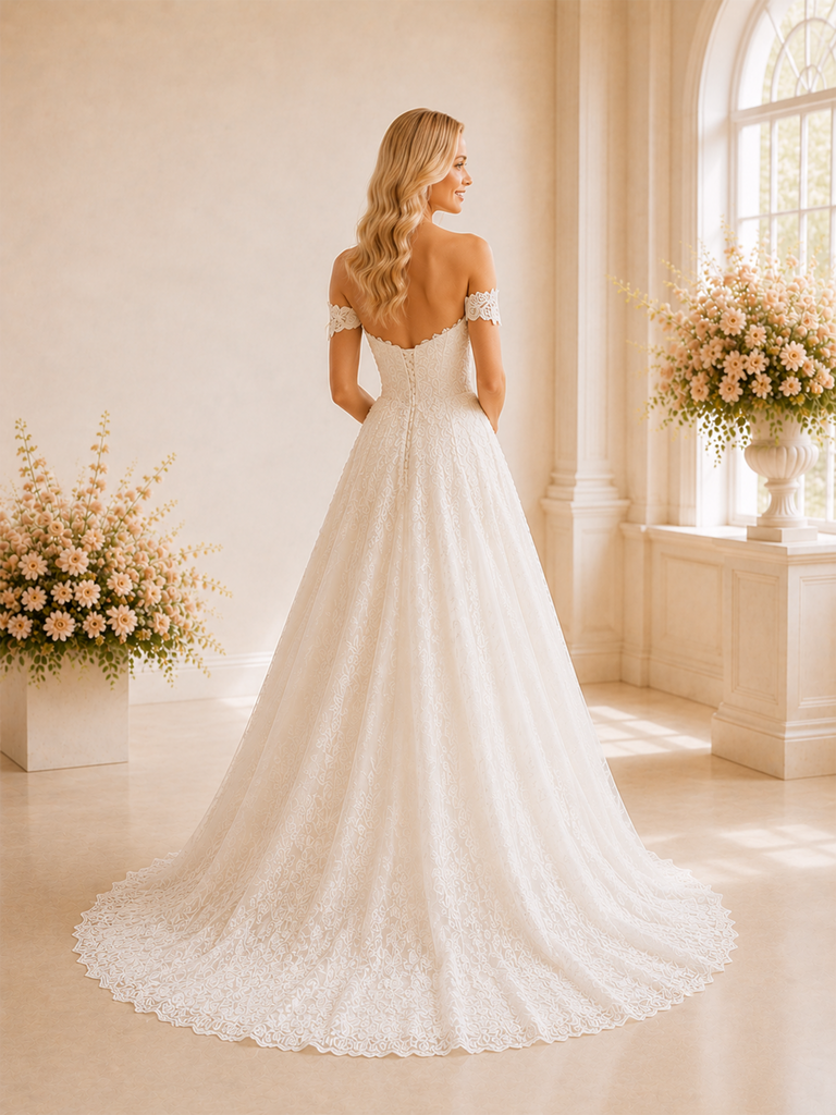 ChicSew Beautiful Off The Shoulder A-Line Lace Tulle Maxi Long Wedding Dresses