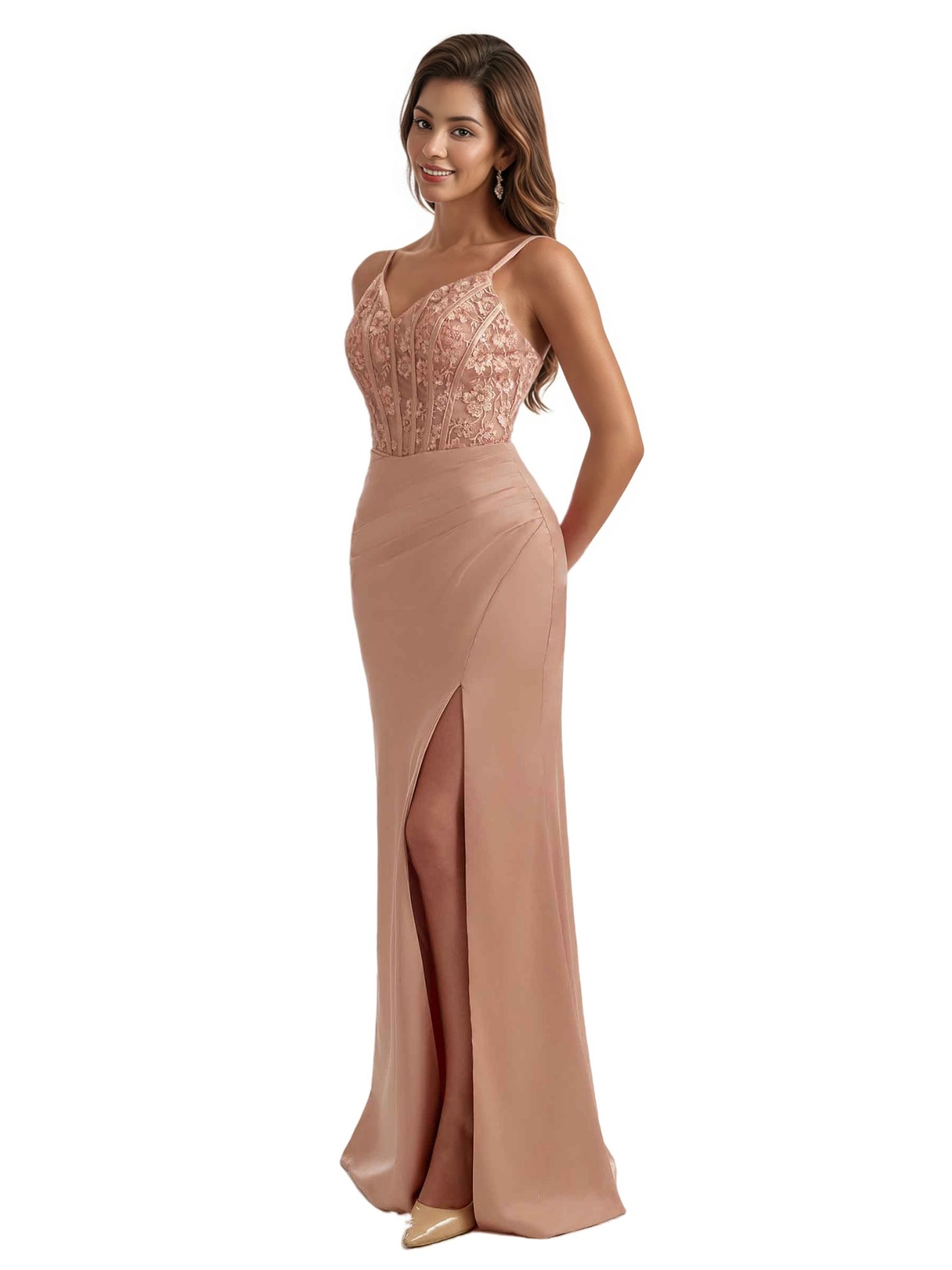 Elegant Mermaid Lace Applique Side Slit Satin Long Bridesmaid Dresses Spaghetti Straps
