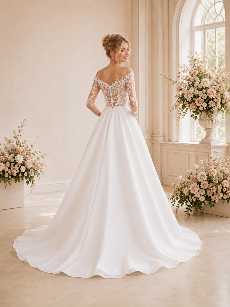 ChicSew Elegant Unique Long Sleeves Lace Satin A-Line Maxi Long Wedding Dresses